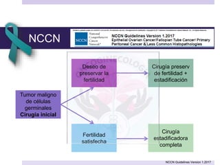 NCCN
Tumor maligno
de células
germinales
Cirugía inicial
Deseo de
preservar la
fertilidad
Fertilidad
satisfecha
Cirugía preserv
de fertilidad +
estadificación
Cirugía
estadificadora
completa
NCCN Guidelines Version 1.2017
 