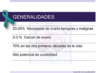 GENERALIDADES
20-25% Neoplasias de ovario benignas y malignas
2-3 % Cancer de ovario
70% en las dos primeras décadas de la vida
Alto potencial de curabilidad
Endocr Rev. 2013 Jun;34(3):339-76
 