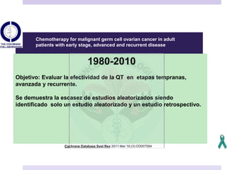 Cochrane Database Syst Rev 2011 Mar 16;(3):CD007584
1980-2010
Objetivo: Evaluar la efectividad de la QT en etapas tempranas,
avanzada y recurrente.
Se demuestra la escasez de estudios aleatorizados siendo
identificado solo un estudio aleatorizado y un estudio retrospectivo.
Chemotherapy for malignant germ cell ovarian cancer in adult
patients with early stage, advanced and recurrent disease
 
