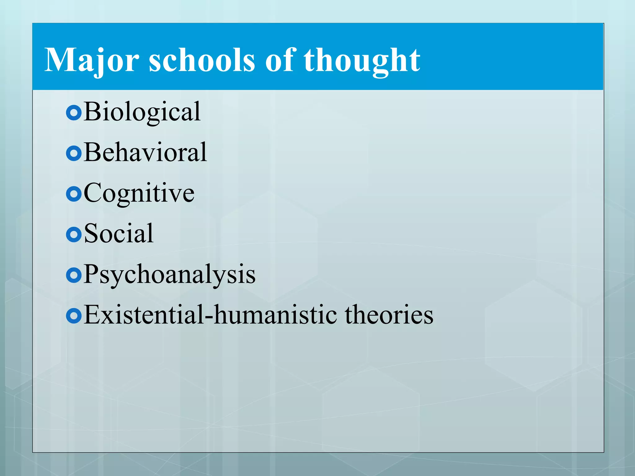 Major schools of thought
Biological
Behavioral
Cognitive
Social
Psychoanalysis
Existential-humanistic theories
 