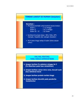 12/1/2010
25
TINDAK LANJUT DI RUMAH (lanjutan)
Sarankan :
• Membawa kembali untuk kontrol secara teratur:
Bulan I : 1 x/ minggu
Bulan II : 1x/ 2 minggu
Bulan III - VI : 1x/ bulan
• Suntikan/imunisasi dasar BCG, Polio, DPT,
Campak, Hepatitis dan ulangan (booster)
• Vit.A dosis tinggi setiap 6 bulan (dosis sesuai
umur)
HALHAL--HAL PENTINGHAL PENTING
YANG HARUS DIPERHATIKANYANG HARUS DIPERHATIKAN
1. Jangan berikan Fe sebelum minggu ke 2
(Fe diberikan pada fase rehabilitasi)
2. Jangan berikan cairan intra vena, kecuali syok
atau dehidrasi berat
3. Jangan berikan protein terlalu tinggi
4. Jangan berikan diuretik pada penderita
kwashiorkor
 