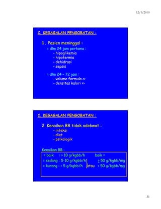 12/1/2010
31
C. KEGAGALAN PENGOBATAN :C. KEGAGALAN PENGOBATAN :
1.1. Pasien meninggal :Pasien meninggal :
= dlm 24 jam pertama := dlm 24 jam pertama :
-- hipoglikemiahipoglikemia
-- hipotermiahipotermia
-- dehidrasidehidrasi
-- sepsissepsis
= dlm 24= dlm 24 –– 72 jam :72 jam :
-- volume formula >>volume formula >>
-- densitas kalori >>densitas kalori >>
C. KEGAGALAN PENGOBATAN :C. KEGAGALAN PENGOBATAN :
2. Kenaikan BB tidak adekwat :2. Kenaikan BB tidak adekwat :
-- infeksiinfeksi
-- dietdiet
-- psikologikpsikologik
Kenaikan BB :Kenaikan BB :
= baik : > 10 g/kgbb/h baik == baik : > 10 g/kgbb/h baik =
= sedang : 5= sedang : 5--10 g/kgbb/h10 g/kgbb/h >> 50 g/kgbb/mg50 g/kgbb/mg
= kurang : < 5 g/kgbb/h= kurang : < 5 g/kgbb/h atauatau < 50 g/kgbb/mg< 50 g/kgbb/mg
 