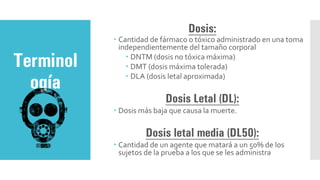 Dosis:
 Cantidad de fármaco o tóxico administrado en una toma
independientemente del tamaño corporal
 DNTM (dosis no tóxica máxima)
 DMT (dosis máxima tolerada)
 DLA (dosis letal aproximada)
Dosis Letal (DL):
 Dosis más baja que causa la muerte.
Dosis letal media (DL50):
 Cantidad de un agente que matará a un 50% de los
sujetos de la prueba a los que se les administra
Terminol
ogía
 