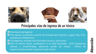 Absorción
Principales vías de ingreso de un tóxico
Parenteral (iatrogenia)
Vías aéreas: excelentes puertas de entrada para líquidos y gases (Hg, CO2,
anestésicos inhalatorios)
Vía digestiva: entrada más frecuente (cianuro, estricnina)
Piel: no ofrece buena canalización si no está lesionada. OJO! Sustancias
oleosas o emulsificadas, absorción puede ser mayor. Polvos de
organoclorados pueden ingresar la piel intacta
 