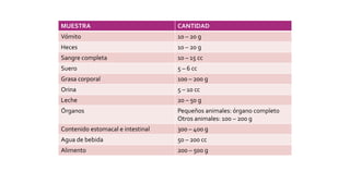 MUESTRA CANTIDAD
Vómito 10 – 20 g
Heces 10 – 20 g
Sangre completa 10 – 15 cc
Suero 5 – 6 cc
Grasa corporal 100 – 200 g
Orina 5 – 10 cc
Leche 20 – 50 g
Órganos Pequeños animales: órgano completo
Otros animales: 100 – 200 g
Contenido estomacal e intestinal 300 – 400 g
Agua de bebida 50 – 200 cc
Alimento 200 – 500 g
 