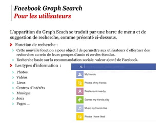 Facebook Graph Search
 Pour les utilisateurs

‪L’apparition du Graph Seach se traduit par une barre de menu et de
 suggestion de recherche, comme présenté ci-dessous.
  Fonction de recherche :
   Cette nouvelle fonction a pour objectif de permettre aux utilisateurs d’effectuer des
   recherches au sein de leurs groupes d’amis et cercles étendus.
   Recherche basée sur la recommandation sociale, valeur ajouté de Facebook.
  Les types d’information :
   Photos
   Vidéos
   Lieux
   Centres d’intérêts
   Musique
   Jeux
   Pages …


                                                                                           5
 