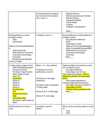 2) If the keyword of category
can be found in the product
intro, score +1
· Robotics-Drones
· Robotics-Autonomous Vehicles
· Robotics-Others
· Augmented Reality
· Virtual Reality
· e-Sports
· Intelligent Transportation
· …….
. Other:__
Business/Revenue model
(multiple choice)
· Saas
· Subscription
·
Sales-e-Commerce/Marketplac
e
· Sales-Corporate
· Sales-Direct to Consumer
· Licensing of technology
· Franchise
. Pre-Revenue/Undecided
revenue models
If matches, score +1 Business/Revenue model preference:
(multiple choice)
· No particular preference
· SaaS
· Subscription model
· Sales-e-Commerce/Marketplace
· Sales-Corporate/Enterprise/B2B
· Sales-Direct to Consumer
· Licensing of technology
· Franchise
. Other:___
Funding stage: (single choice)
· Self-funded/Bootstrapped
· Friends and family
· Pre-Seed; Angel Investor
· Seed; Angel Investor
· Seed; VC
· Accelerator
· Series A
· Series B
· Series C
· Series D
· Private Equity
· ICO
· Government Grant
· Debt
· Convertible Note
· Not begun capital raise yet
. Other
(Many – to – One relation)
If matches any of the
preferences, score+2
All choices ⇔ No stage
preference
Pre-seed, Seed, Accelerator
⇔ Early stage
Series A, B, C ⇔ Mid stage
Series D ⇔ Late stage
Preferred stage of companies to work
with: (multiple choice)
· No stage preference
· Early stage- only for very
high-quality technologies (how to
determine whether it is high-quality
tech?)
· Early stage-regardless of
industry/category/product/service
· Mid stage- Series-A to Series-C
· Late stage- Pre IPO
· Publicly traded companies only
. Other:____
Whether allows for invest in
Yuan
If matches, score+2
(filter?)
Which currency do they prefer to invest
in?
· Yuan
· USD
 