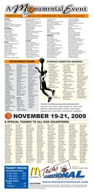 THANKS to all the                          sponsors of the 2009 McDonald’s Texas Invitational Tournament
MAJOR                                    LJA Engineering & Surveying               Philibert Insurance                        Fred & Vicki Roberts
City of Pasadena                         Manchester Sling                          Promethean                                 Hill & Swart Architects
McDonald’s                               McGriff, Seibels & Williams, Inc.         Refractory Construction Services           Judge Louis Ditta
Pasadena ISD                             Memorial Herman Hospital SE               Roy D. Mease, Attorney                     Kalmans Marshall Engineering
Pasadena Chamber of Commerce             Pasadena Lions Club                       San Jacinto College District               Kwik Kopy
State Farm Insurance Regional            Pasadena Education Foundation             Shell Pipeline                             Loflin Environmental
Marketing                                Board of Directors                        SLI Group, Inc.                            Lubrizol
PLATINUM                                 Pasadena Refining                         Sports Authority                           Marshall & Denie Kendrick
Barmore Insurance                        Post Oak Bank                             Staples                                    Miller Pools
Bay Architects                           Robertson, Landers & Associates           SWBC                                       Mod-U-Serve
CBS/MaxPreps                             Rosewood Funeral Home                     The Coca-Cola Company                      Moon Credit Corporation
John O. Harris Interest, L.P.            Sterling Bank                             CommunityBank of Texas                     NDQ Inc., Management
Meador Staffing Services                 Texas Citizens Bank, N.A.                 BRONZE                                     Patients Medical Center
Pasadena Rotary                          Pasadena Sporting Goods                   American Acryl                             ProComputing
Pasadena PISD Police                     Wilson Sporting Goods                     ACU of Texas                               R.B. Everett & Company
  Officers Association                   TSRN Sports                               Blue Bell Creameries                       R & K Commercial Aquatic Svcs.
Wm. Morris Enterprises LLC               SILVER                                    Brady, Chapman, Holland &                  San Jacinto Harley Davidson
GOLD                                     All Tech Inspection                         Associates                               SBWV Architects
A.G. Ogden Management, Inc.              Analytic Stress Relieving, Inc.           Brooks and Sparks                          Schamerhorn Financial Group
Advance D’Sign                           Bayshore Medical Center                   Chrane Foodservice Solutions               Shell Federal Credit Union
All Star Roofing                         Bay Star EMS                              CJG Engineers                              Southwest Concepts
Bayway Lincoln Mercury                   Terry & Karen Brotherton                  Crump Insurance Services, Inc.             Spectrum Corporation
Bordens Milk                             Capital Bank                              Darrell & Debbie Williams                  T & T Construction
Chevron Phillips                         Dansby & Miller Architects                D.D. Technology Inc.                       Texas Bay Area Credit Union
Drake Printing                           Inter-City Personnel Assoc.               DBR Engineering Consultants                Texas Coastal Bank/JRM Interests
Gulf Coast Educators FCU                 Lexus of Clear Lake                       Dr. Norman & Kay Clauson                   Texas Chiropractic College
Herff Jones Company                      Pasadena Citizen Sports                   Dunn Heat Exchangers                       The Brown Company
KBR                                         Department - Robert Avery              Fairmont Travel                            Travelers Insurance
Law Office of Dexter D.Joyner            Phelps Insurance                          Frank & Pat Braden                         West Belt Surveying


         TOP-RANKED TEAMS                                                          STEERING COMMITTEE MEMBERS:
 BOYS                    Pasadena             Cypress Falls                          Ben Meador,                    Jerry & Debi Krampen,        Buddy Carlisle
 Alief Elsik             Pasadena Dobie       Dickinson                                Committee Chair                Hosts Chair                Al Carter
 Alief Taylor            Pasadena             El Paso                                Wayne Adams,                   Sherry Trainer,              Rodney Chant
 Atascocita              Memorial             Eastwood                                Vice Chair                      Lodging Chair              Steve Cote
 Austin Westlake         Pasadena             Hardin Jefferson                       Bob Ellis, Vice Chair          Danny Hickey,                Jess Fields
 Bellaire                Rayburn              Katy Cinco Ranch                       Dana Philibert,                  Poster/Banner/Signs        Bob Gebhard
 Channelview             Pasadena South       Kingwood Park                            Girls Co-Director              Chair                      Ray Landers
 College Park            Houston              Klein Collins
                                                                                     Holly Williamson,              Terry Brotherton,            Kirk Lewis
 Conroe                  Pearland             La Porte
                         Pearland Dawson      Mansfield Summit                         Girls Co-Director              Program Ad Sales           Elizabeth Lindbergh
 Crosby
 Dallas Hillcrest        Richardson           McAllen                                Mark Kramer,                     Chair                      Linda Lukaszewski
 Desoto                  Berkner              North Crowley                            Advertising Chair            Rita Townsend,               Morgan Meador
 Dickinson               Richardson JJ        North Shore                            Greg Clary,                      Program Preparation        Mike Morris
 Duncanville             Pearce               Pasadena                                 Coach-Player Dinner            Chair                      Tom Newhouse
 FB Bush                 San Antonio          Pasadena Dobie                           Chair                        Herman Williams,             Cindy Parmer
 FB Hightower            Madison              Pasadena                               Billye Smith,                    Trophies Chair             Randy Perry
 FB Marshall             San Antonio Taft     Memorial                               Entertainment Chair            Rudy Ayles,                  Mariselle
 Galena Park             San Antonio          Pasadena                                                               T-Shirt Design/Sales          Quijano-Lerma
 Houston Chavez          Warren               Rayburn                                                                Chair                       Bryan Roller
 Houston                 Smithson Valley      Pasadena South
                                                                                                                    Rick Morris, Video Chair     Valerie Smith
 Westside                Spring               Houston
                         Spring DeKaney       Pearland                                                              Darla Haygood,               Mike Stephens
 Humble
 Huntington, LA          West Monroe          Pearland Dawson                                                         Volunteer Chair            David Terrell
 Katy Cinco Ranch                             San Antonio                                 Kim Kankel,               Candace Ahlfinger            Carolyn Whitmire
 Katy Seven Lakes        GIRLS                 John Jay                                      Hospitality Chair      Robert Avery                 Darrell Williams
 Kempner                 Bellaire             San Antonio                                                           Chris Bezdek
 Kingwood                Clear Brook           Madison
 Kingwood Park           Clear Creek          San Antonio
 Klein Collins           Clear Lake            Warren
                         College Park         San Antonio
                                                                           Thanks to the following restaurants that donated food
 La Porte
 Mansfield Summit        Corpus Christi        Wagner                      Casa Ole • Cici’s Pizza • Gabby’s Barbecue • Jason’s Deli
 Manvel                   Ray                 Tomball
 McAllen                 Cypress Creek                                     Wal-Mart • Buffalo Wild Wings • Hooters • Olive Garden
 North Crowley           Cypress Fairbanks
                                                                           Magnolia Café • Pizza Patron • Bosa Donuts • Applebee’s



                  NOVEMBER 19-21, 2009
A SPECIAL THANKS TO ALL OUR VOLUNTEERS
Beth Alexander        Ryan Butler         Anna Flores           Gayle Holder        Steve Laymon           Julie Mulkey         Libby Rhoden         Tamara Stucky
Sofia Allison         Jean Cain           Kyle Ford             Shakira Hosein      Vicki Lenio            Cheryl Mundy         Melissa Rios         Dana Sylvester
Yasmine Anaya         Justin Champion     Kristine Forrester    Vanessa Hughes      Marietta Leonard       Terri Mundy          Genia Ripley         Trish Taylor
Raymond Andrews       Elena Chapa         Channing Fuentes      Sara Jatala         Denise Lindsey         Gary Nickelson       Earlyne Robb         Pam Tevis
Vickie Andrews        LaFayette Childs    Gloria Gallegos       Katy Jernigan       Tony Loayza            Brenda Ortiz         Mary Lou Rodriguez   Linda Thacker
Audra Archer          Richard Clark       David Garza           Max Johnson         Susan Locklear         Vince Osayande       Jackie Salmons       Jorly Thomas
Richard Arocho        Kristi Claypool     Sandra Garza          Ruth Johnson        Linda Lukaszewski      Cindy Parmer         Teresa Sarabia       Brittany Thompson
Rosalie Atkins        Phoebe Conerly      Trisha Garza          Erin Jones          Roland Lytle           Norma Penny          Shelby Savage        Melinda Torrison
Carol Aucoin          Janice Conover      Cristal Gehrke        Vernell Joseph      Mary Majumdar          Randy Perry          Phyllis Schreiver    Rick Torrison
Karen Aucoin          Monique Cooper      Necole Gipson         Kim Kankel          Jorge Maldonado        Diana Phelan         Pat Sermas           Lisa VanEtten
Rudy Ayles            Steve Cote          James Goan            Rhonda Killen       Laura Mann             Lisa Ping            Carson Sheen         Brenda Villarreal
Tommie Ayles          Kathy Cowart        Leslie Gonzalez       Bill Kirchman       Latishar Manning       Andrew Pogue         Bertha Sherrill      Hector Villarreal
Bobbie Bain           Mel Cowart          Traci Graham          Rhonda Kirchman     Diana Mares            Jason Pollard        Russell Sims         Brandon Vorse
Jay Bain              Elizabeth Cross     Kelli Gregory         Debi Krampen        Robert Martin          Jessica Polporak     Barbara Sitzman      Frank Wadlington
Jackie Barmore        Ed Cullison         Pat Gregory           Jerry Krampen       Michelle Martinez      Gary Pool            Karin Slaughter      Susan Wadlington
Luis Berrera          Jo EllenCullison    Michael Griffin       Deron Kutra         Yvonne Martinez        Glen Porter          Levi Smallwood       Charles Welsh
Vicky Bassye          Donna Dawson        Cathy Guyton          Julie Kutra         Darla Massey           DeeAnn Powell        Adam Smith           Theresa Wester
Andrea Beard          Hurshel Debord      Margaret Hale         Pam Ladd            Troy McCarley          Calvin Powitzky      Mike Smith           Carolyn Whitmire
Willie Bennett        Patricia Delgado    Scott Harrell         Jarret Lamberth     Janice Meador          Rose L. Prusz        Valerie Smith        Dana Williams
Jennifer Bimage       Mary Diffenbaugh    Kelly Harris          Jerry Langford      Morgan Meador          Steve Prusz          Eric Spore           Darrel Williams
Kathleen Bjork        Jonathon Dow        Sonia Hartman         Ricki Langford      Jennifer Meza          Joe Rabago           Lana Stahl           Judy Williams
Becky Blake           Shirley Feeback     Taylor Hebert         Cindi Langone       Rhonda Mize            Ruth Rabago          Harold Stephens      Cheryl Willis
Frank Braden          Danell Fields       Wayburn Henry         Tracy Lankford      Alia Montanez          David Ramirez        Karen Stephens       Rick Wilson
Pat Braden            Jeff Fields         Theresa Hernandez     Jaime Lawrence      Keith Moore            George Redmon        Raymond Steward      Ashley Wright
Charlie Brannon       Linda Fields        Karen Hickman         Ginger Lay          Deborah Moseley        Travis Reed                               Lilia Ybarra
Shauna Busby          Karol Fletcher      Troy Hill             Kyle Lay            Tom Moseley                                                      Janet Young


                                                                                                                                        Follow us on:
  TICKET PRICES                                                                                                                         Facebook • LinkedIN • Twitter

  Tournament Pass
   3-day pass ....... $20
   2-day pass ....... $15
   1-day pass ....... $10
  Single Game                                                                w w w. t e x a s i n v i t a t i o n a l . c o m
   Adult ................... $5                 LOCATIONS
                                                Phillips Field House • Pasadena Memorial High School • Dobie High School • South Houston High School
   Student............... $2                    Sam Rayburn High School • Beverly Hills Intermediate • Pearland High School • Pearland Dawson High
                                                School • San Jacinto College
 