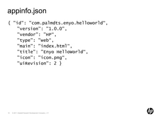 appinfo.json{ "id": "com.palmdts.enyo.helloworld“,  "version": "1.0.0",  "vendor": "HP“,  "type": "web“,  "main": "index.html“,  "title": "EnyoHelloWorld“,  "icon": "icon.png“,  "uiRevision": 2 }