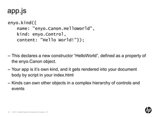 app.jsenyo.kind({  name: "enyo.Canon.HelloWorld",  kind: enyo.Control,content: "Hello World!"});This declares a new constructor “HelloWorld”, defined as a property of the enyo.Canon object.Your app is it’s own kind, and it gets rendered into your document body by script in your index.htmlKinds can own other objects in a complex hierarchy of controls and events