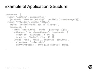 components: [  {kind: "AppMenu", components: [    {caption: "Show on One Page", onclick: "showOnePage"}]},{kind: "VFlexBox", width: "320px",style: "border-right: 1px solid gray;",components: [ {kind: "RadioGroup", style: "padding: 10px;",onChange: "radioGroupChange", components: [ {caption: "Packages", flex: 1},{caption: "Index", flex: 1} ]},{kind: "Pane", flex: 1, onclick: "tocClick",className: "selectable",domAttributes: {"enyo-pass-events": true}, ……Example of Application Structure