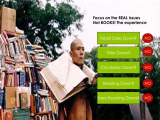 Retail Sales Down?
Teen Reading Down?
Titles Down?
Circulation Down?
Reading Down?
NO
NO
NO
NO
NO
Focus on the REAL Issues
Not BOOKS! The experience
 
