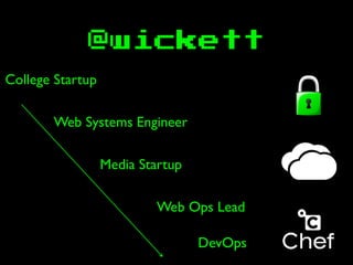 @wickett
College Startup
Web Systems Engineer
Media Startup
Web Ops Lead
DevOps
 