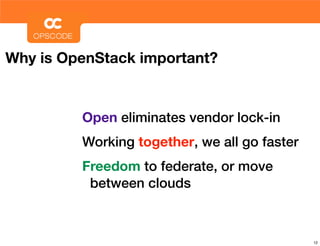 Why is OpenStack important?


         Open eliminates vendor lock-in
         Working together, we all go faster
         Freedom to federate, or move
          between clouds



                                              12
 
