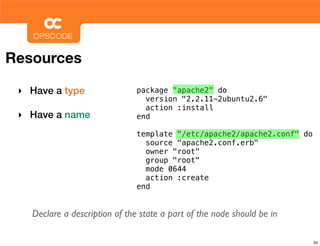 Resources

 ‣ Have a type                 package "apache2" do
                                 version "2.2.11-2ubuntu2.6"
                                 action :install
 ‣ Have a name                 end

                               template "/etc/apache2/apache2.conf" do
                                 source "apache2.conf.erb"
                                 owner "root"
                                 group "root"
                                 mode 0644
                                 action :create
                               end


   Declare a description of the state a part of the node should be in

                                                                         34
 