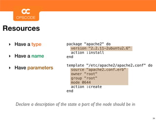 Resources

 ‣ Have a type                 package "apache2" do
                                 version "2.2.11-2ubuntu2.6"
                                 action :install
 ‣ Have a name                 end

                               template "/etc/apache2/apache2.conf" do
 ‣ Have parameters               source "apache2.conf.erb"
                                 owner "root"
                                 group "root"
                                 mode 0644
                                 action :create
                               end


   Declare a description of the state a part of the node should be in

                                                                         34
 