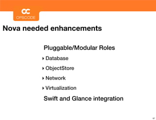 Nova needed enhancements

         Pluggable/Modular Roles
         ‣ Database
         ‣ ObjectStore
         ‣ Network
         ‣ Virtualization
         Swift and Glance integration


                                        67
 