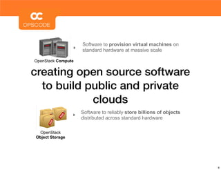 Software to provision virtual machines on
                    standard hardware at massive scale

OpenStack Compute


creating open source software
  to build public and private
            clouds
                    Software to reliably store billions of objects
                    distributed across standard hardware

 OpenStack
Object Storage




                                                                     8
 
