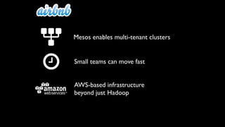 Mesos enables multi-tenant clusters
Small teams can move fast
AWS-based infrastructure
beyond just Hadoop
 