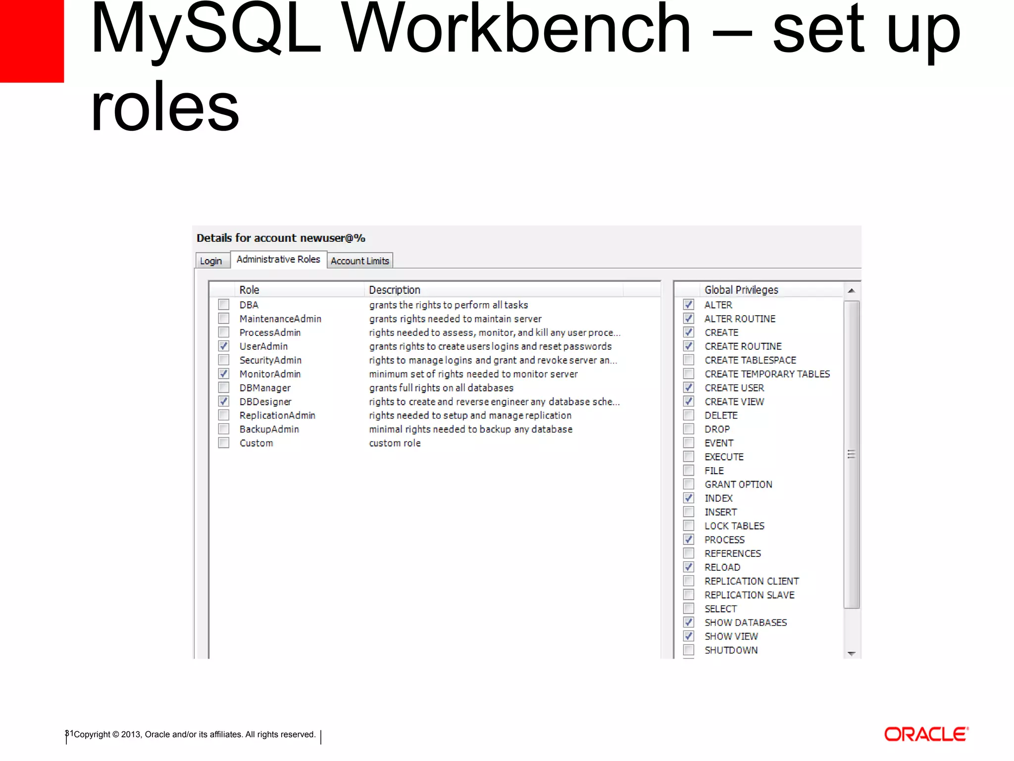 Copyright © 2013, Oracle and/or its affiliates. All rights reserved.31
MySQL Workbench – set up
roles
 