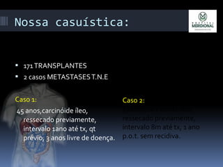 Nossa casuística:
 171TRANSPLANTES
 2 casos METASTASEST.N.E
Caso 1:
45 anos,carcinóide íleo,
ressecado previamente,
intervalo 1ano até tx, qt
prévio, 3 anos livre de doença.
Caso 2:
52anos,carcinóide íleo,
ressecado previamente,
intervalo 8m até tx, 1 ano
p.o.t. sem recidiva.
 