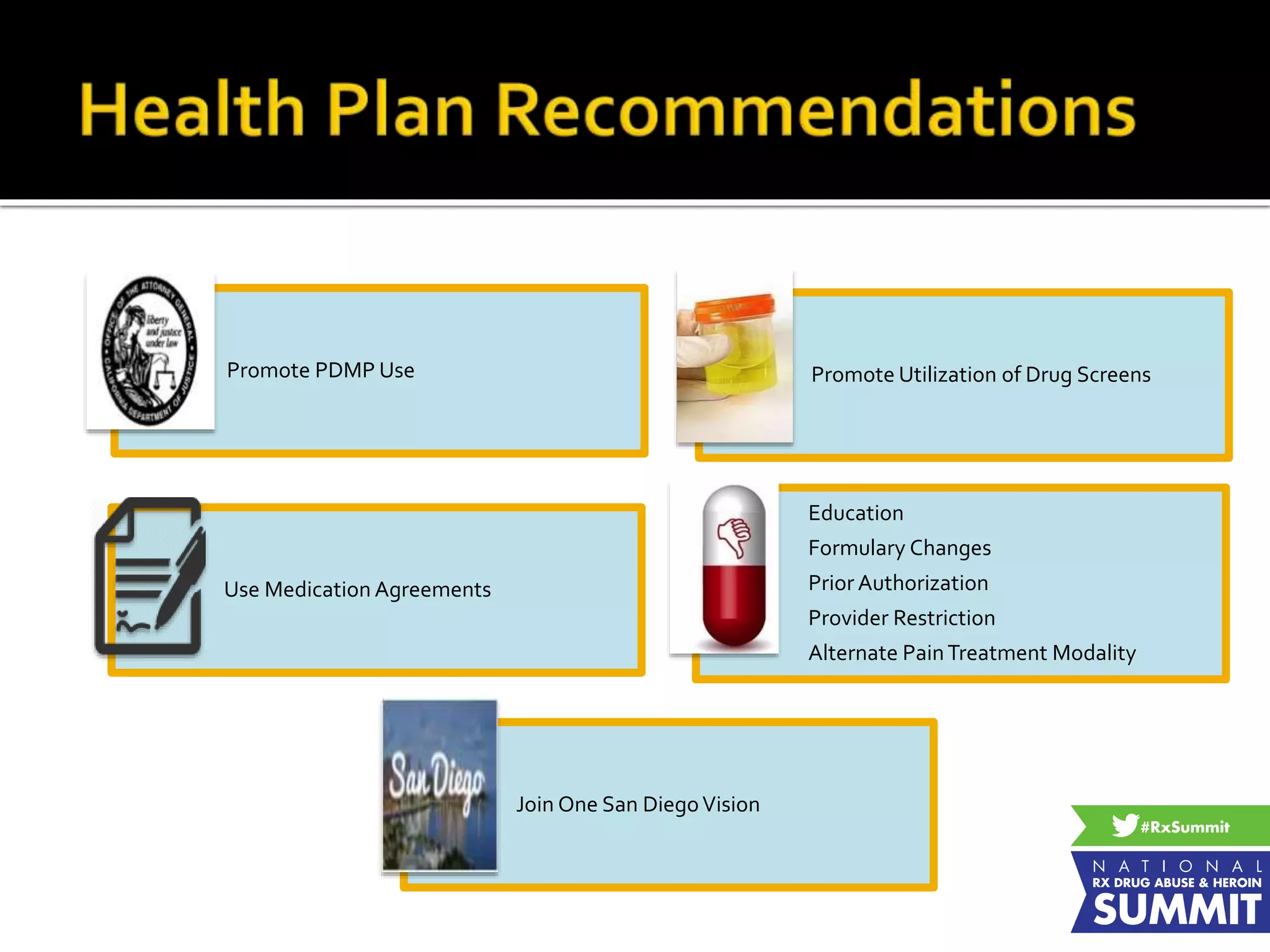 Promote PDMP Use Promote Utilization of Drug Screens
Use Medication Agreements
Education
Formulary Changes
Prior Authorization
Provider Restriction
Alternate PainTreatment Modality
Join One San DiegoVision
 
