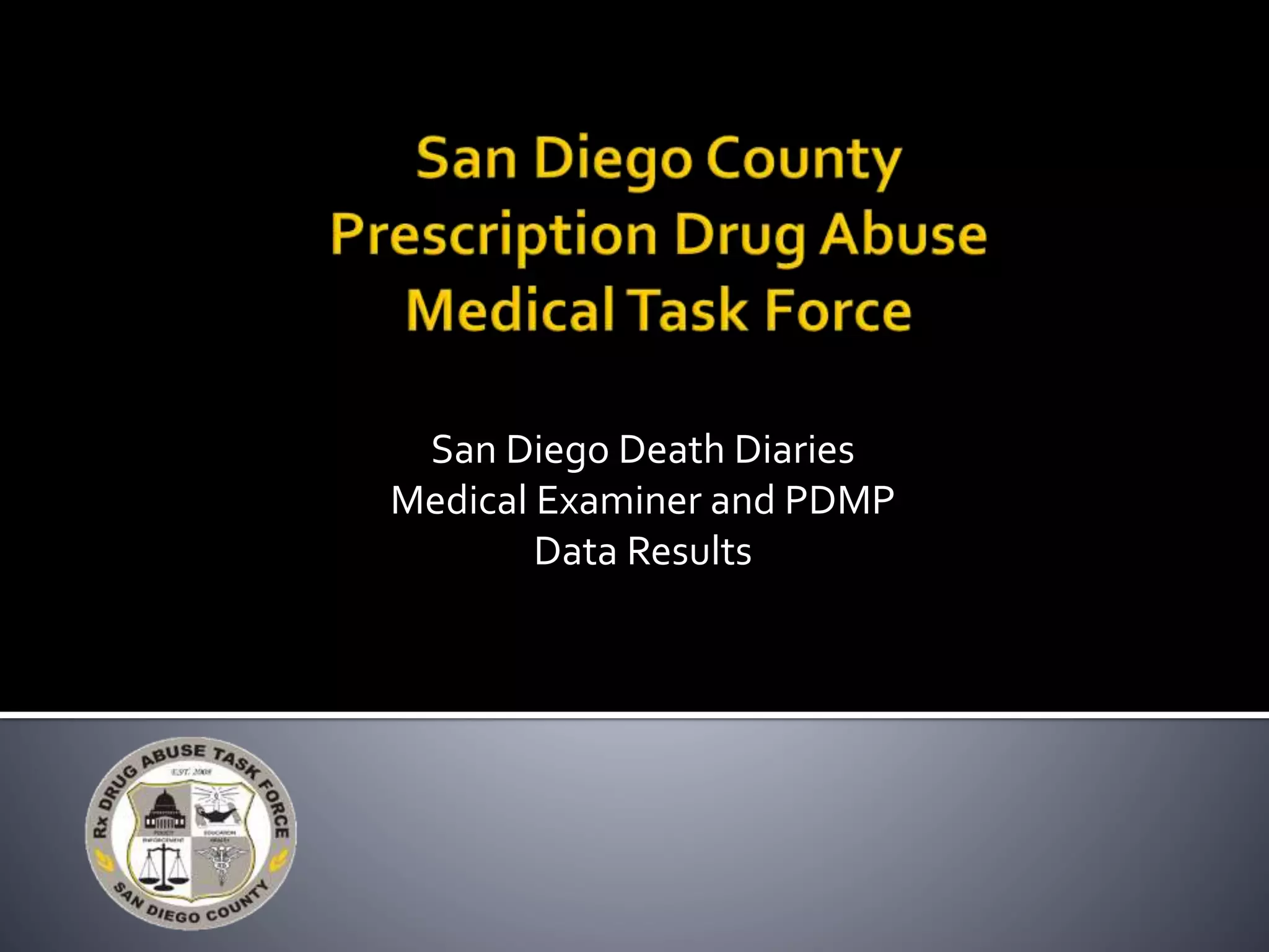 San Diego Death Diaries
Medical Examiner and PDMP
Data Results
 