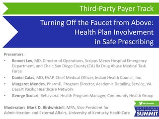 Turning Off the Faucet from Above:
Health Plan Involvement
in Safe Prescribing
Presenters:
• Roneet Lev, MD, Director of Operations, Scripps Mercy Hospital Emergency
Department, and Chair, San Diego County (CA) Rx Drug Abuse Medical Task
Force
• Daniel Calac, MD, FAAP, Chief Medical Officer, Indian Health Council, Inc.
• Margaret Mendes, PharmD, Program Director, Academic Detailing Service, VA
Desert Pacific Healthcare Network
• George Scolari, Behavioral Health Program Manager, Community Health Group
Third-Party Payer Track
Moderator: Mark D. Birdwhistell, MPA, Vice President for
Administration and External Affairs, University of Kentucky HealthCare
 
