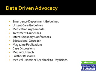  Emergency Department Guidelines
 Urgent Care Guidelines
 Medication Agreements
 Treatment Guidelines
 Interdisciplinary Conferences
 Educational Outreach
 Magazine Publications
 Case Discussions
 Media Outreach
 Further Research
 Medical Examiner Feedback to Physicians
 