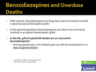  After opioids, benzodiazepines are drug class most commonly involved
in pharmaceutical OD deaths (30%) 1
 In the general population benzodiazepines are class most commonly
involved in an opioid-related death (30%) 1
 In theVA, 50% of opioid OD deaths are on concurrent
benzodiazepines2
 Among opioid users, risk of death goes up with benzodiazepines in a
dose-response fashion
1. Jones CM, et al. JAMA 2013;309 (70):657-659.
2. Park TW, et al. BMJ. 2015;350:h2698.
 