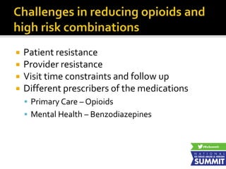  Patient resistance
 Provider resistance
 Visit time constraints and follow up
 Different prescribers of the medications
 Primary Care – Opioids
 Mental Health – Benzodiazepines
 