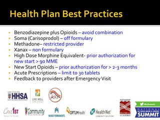  Benzodiazepine plus Opioids – avoid combination
 Soma (Carisoprodol) – off formulary
 Methadone– restricted provider
 Xanax – non formulary
 High Dose Morphine Equivalent- prior authorization for
new start > 90 MME
 New Start Opioids – prior authorization for > 2-3 months
 Acute Prescriptions – limit to 30 tablets
 Feedback to providers after EmergencyVisit
 