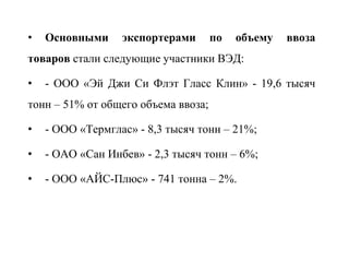 • Основными экспортерами по объему ввоза
товаров стали следующие участники ВЭД:
• - ООО «Эй Джи Си Флэт Гласс Клин» - 19,6 тысяч
тонн – 51% от общего объема ввоза;
• - ООО «Термглас» - 8,3 тысяч тонн – 21%;
• - ОАО «Сан Инбев» - 2,3 тысяч тонн – 6%;
• - ООО «АЙС-Плюс» - 741 тонна – 2%.
 