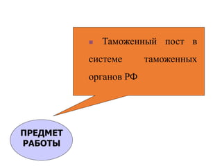  Таможенный пост в
системе таможенных
органов РФ
ПРЕДМЕТ
РАБОТЫ
 