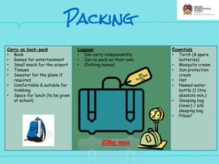 Packing
Carry on back-pack
• Book
• Games for entertainment
• Small snack for the airport
• Tissues
• Sweater for the plane if
required
• Comfortable & suitable for
trekking
• Space for lunch (to be given
at school)
Luggage
• Can carry independently
• Can re-pack on their own.
• Clothing named.
20kg max
Essentials
• Torch (& spare
batteries)
• Mosquito cream
• Sun protection
cream
• Hat
• Named water
bottle (1 litre
absolute min.)
• Sleeping bag
(inner) / silk
sleeping bag
• Pillow?
 