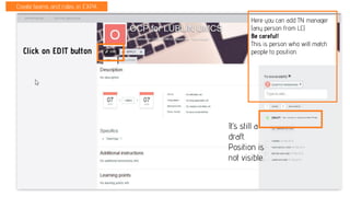 Create teams and roles in EXPA
Click on EDIT button
It’s still a
draft.
Position is
not visible.
Here you can add TN manager
(any person from LC)
Be careful!
This is person who will match
people to position.
 