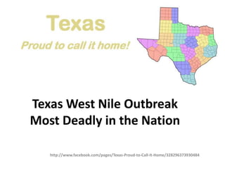 Texas West Nile Outbreak
Most Deadly in the Nation

   http://www.facebook.com/pages/Texas-Proud-to-Call-It-Home/328296373930484
 