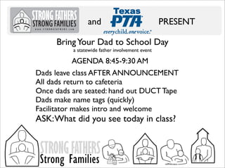 and

PRESENT

Bring Your Dad to School Day
a statewide father involvement event

AGENDA 8:45-9:30 AM
Dads leave class AFTER ANNOUNCEMENT
All dads return to cafeteria
Once dads are seated: hand out DUCT Tape
Dads make name tags (quickly)
Facilitator makes intro and welcome

ASK: What did you see today in class?

STRONG FATHERS

Strong Families

 