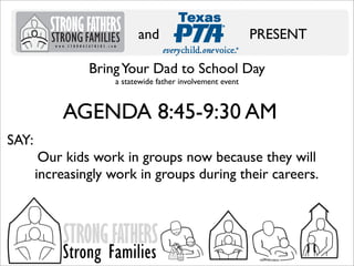and

PRESENT

Bring Your Dad to School Day
a statewide father involvement event

AGENDA 8:45-9:30 AM
SAY:
Our kids work in groups now because they will
increasingly work in groups during their careers.

STRONG FATHERS

Strong Families

 