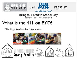 and

PRESENT

Bring Your Dad to School Day
a statewide father involvement event

What is the 411 on BYD?
* Dads go to class for 45 minutes

STRONG FATHERS

Strong Families

 