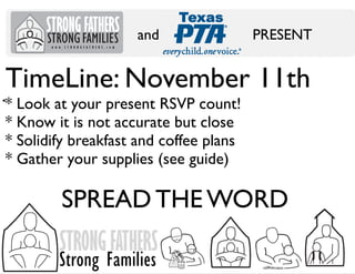 and

PRESENT

TimeLine: November 11th
Bring Your Dad to School Day
a statewide father involvement event

* Look at your present RSVP count!
TimeLine: After Labor Day
* Know it Have a faculty meeting if close
* is not accurate but possible
Save the Date Flier goes plans
* Solidify*breakfast and coffee out Sept 6-8
Put up signs
* Gather* your supplies (see guide)
* Order your Premium Kit

SPREAD THE WORD
STRONG FATHERS

Strong Families

 