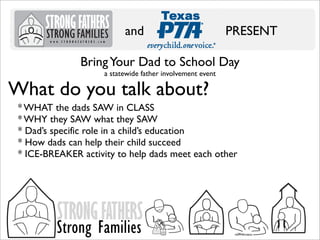 and

PRESENT

Bring Your Dad to School Day
a statewide father involvement event

What do you talk about?

* WHAT the dads SAW in CLASS
* WHY they SAW what they SAW
* Dad’s specific role in a child’s education
* How dads can help their child succeed
* ICE-BREAKER activity to help dads meet each other

STRONG FATHERS

Strong Families

 
