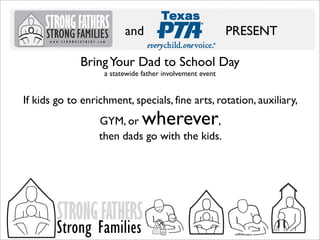 and

PRESENT

Bring Your Dad to School Day
a statewide father involvement event

If kids go to enrichment, specials, fine arts, rotation, auxiliary,

wherever

GYM, or
,
then dads go with the kids.

STRONG FATHERS

Strong Families

 