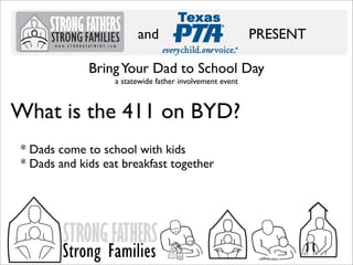 and

PRESENT

Bring Your Dad to School Day
a statewide father involvement event

What is the 411 on BYD?
* Dads come to school with kids
* Dads and kids eat breakfast together

STRONG FATHERS

Strong Families

 