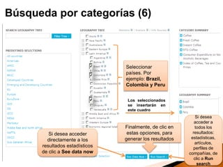 Seleccionar
países. Por
ejemplo: Brazil,
Colombia y Peru
Los seleccionados
se insertarán en
este cuadro
Finalmente, de clic en
estas opciones, para
generar los resultados
Búsqueda por categorías (6)
Si desea acceder
directamente a los
resultados estadísticos
de clic a See data now
Si desea
acceder a
todos los
resultados:
estadísticas,
artículos,
perfiles de
compañías, de
clic a Run
search
 