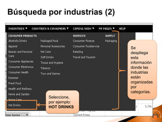 Búsqueda por industrias (2)
Se
despliega
esta
información
donde las
industrias
están
organizadas
por
categorías.
Seleccione,
por ejemplo:
HOT DRINKS
 