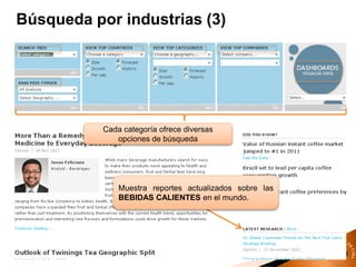 Búsqueda por industrias (3)
Cada categoría ofrece diversas
opciones de búsqueda
Muestra reportes actualizados sobre las
BEBIDAS CALIENTES en el mundo.
 