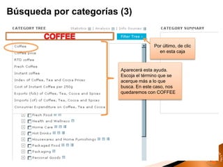 Búsqueda por categorías (3)
Aparecerá esta ayuda.
Escoja el término que se
acerque más a lo que
busca. En este caso, nos
quedaremos con COFFEE
Por último, de clic
en esta caja
 