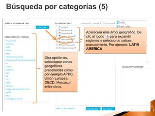 Aparecerá este árbol geográfico. De
clic al ícono para expandir
regiones y seleccionar países
manualmente. Por ejemplo: LATIN
AMERICA
Otra opción es,
seleccionar zonas
geográficas
predefinidas como
por ejemplo APEC,
Unión Europea,
OECD, Mercosur,
entre otros.
 