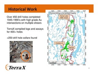 10
Historical Work
Over 450 drill holes completed
1945-1990’s with high grade Au
intersections on multiple shears
TerraX compiled logs and assays
for 400+ holes
+250 drill hole collars found
Homer Lake
VMS Target
Crestaurum
Barney
 